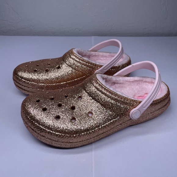 CROCS Shoes Crocs Big Kids Size J6 Classic Pink Gold Glitter Sherpa